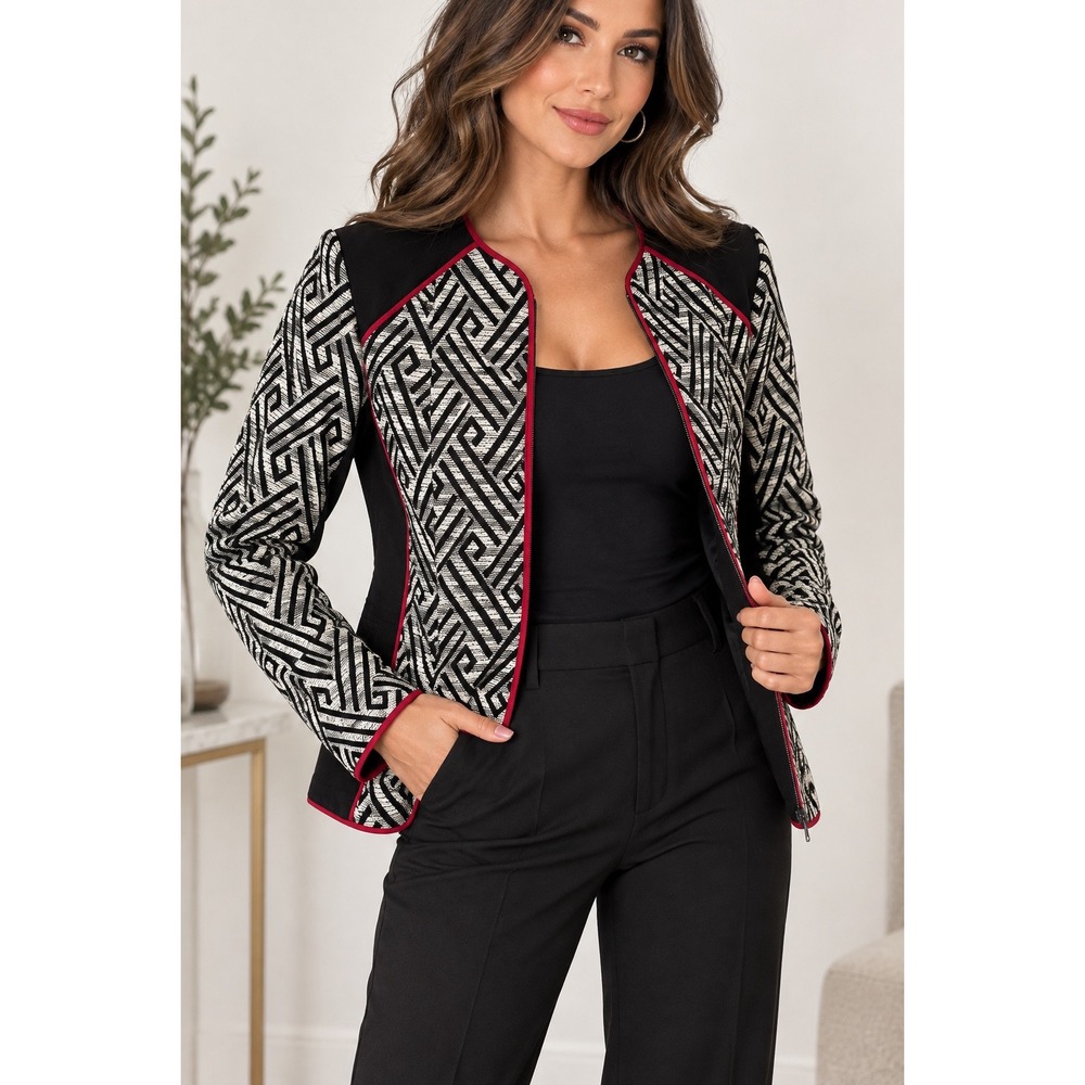 HM Black White Geometric Maze Print Zip Jacket Red Piping Size 6 Blazer